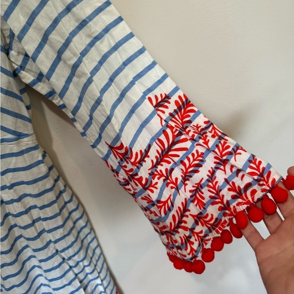 Boden Esmerelda Blue White Stripe Red Pom Pom Beach Kaftan Swim Cover-up Sz 8 - Picture 3 of 7